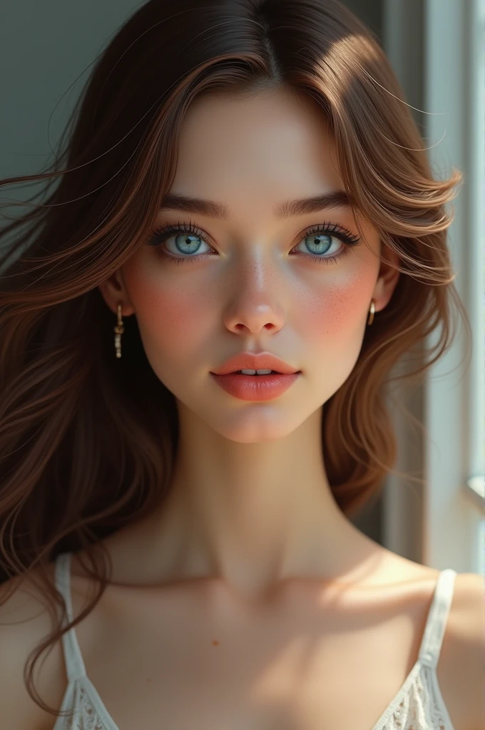A female with brown hair and blue eyes