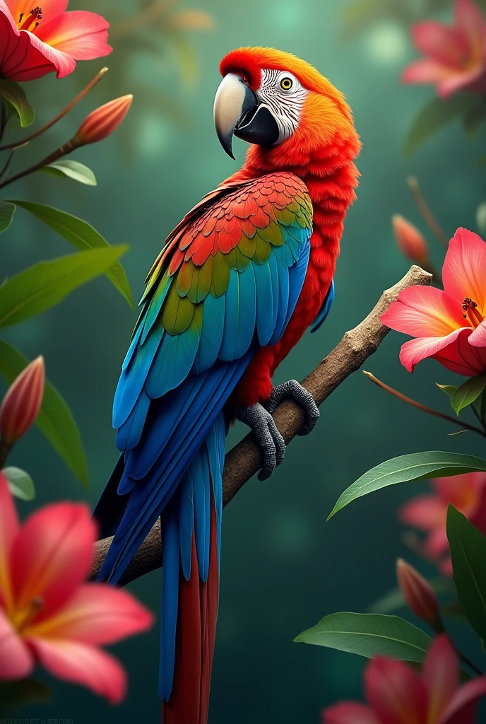 An elegant parrot standing on a branch, surrounded by colorful exotic flowers.