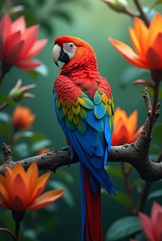  An elegant parrot standing on a branch, surrounded by colorful exotic flowers.