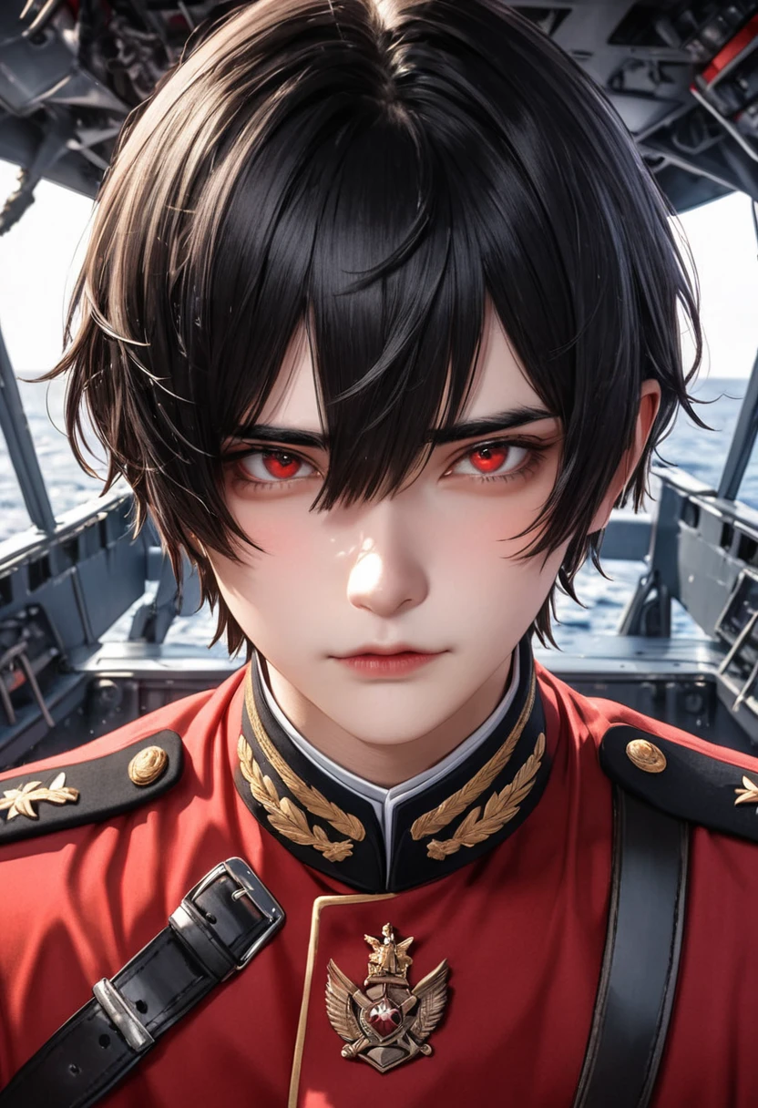 1 person　male　Black short hair　Black eyebrows　Bangs that cover the eyes　Red Eyes　Red military uniform　Inside the battleship