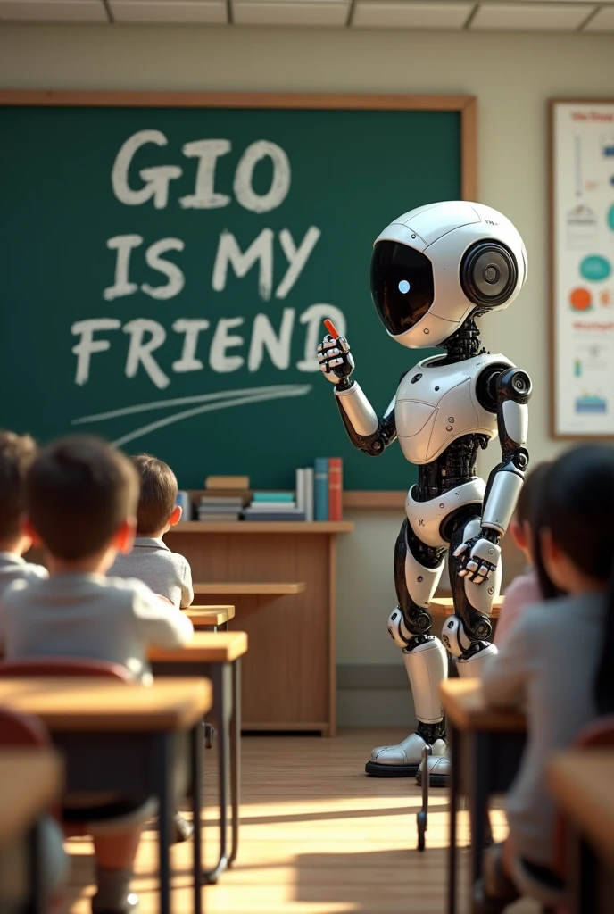 A robot writing with chalk on black board "Gio IS MY FRIEND " a hyper realistic class room image with students