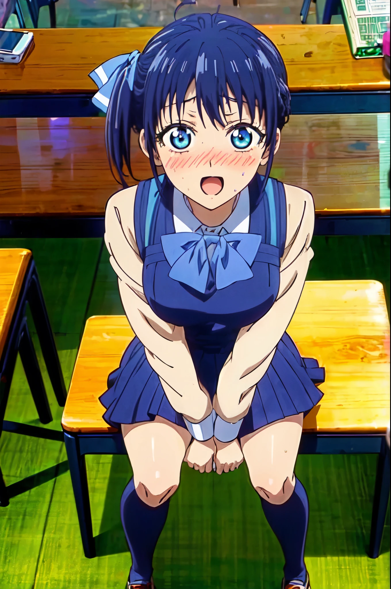 ((((masterpiece、Highest quality、High resolution)、anime)))、Navy Blue Hair、Big breasted beautiful、(Dynamic pose)、looking at the camera、(Beautiful detailed face、Beautiful big eyes)、((One beautiful person))、Good sensitivity、((Sexy pose))、((Embarrassed face))、Red cheeks、Open Mouth、Wearing a school uniform、Sitting at a desk in a classroom at school、Wear a blue skirt、White panties are visible、Spread your legs