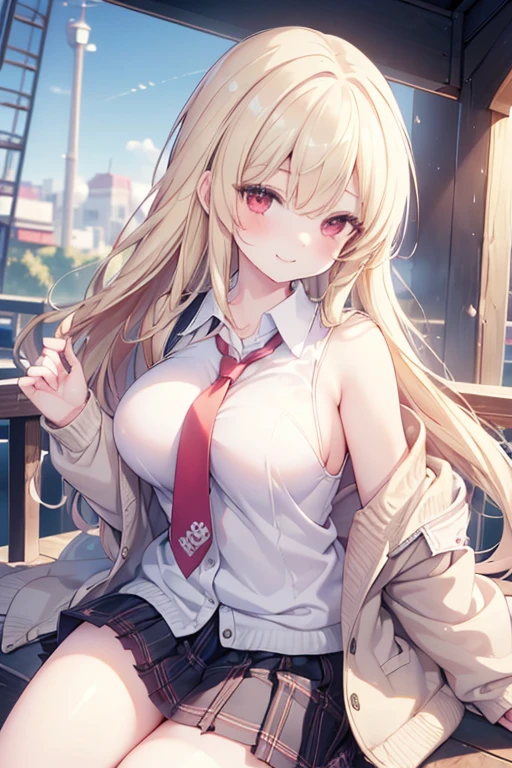 beautiful detailed 25 years old female, wearing Kogal Style: A fashion subculture with shortened skirts, loose socks, and preppy accessories, beautiful face, shiny white skin, blonde hair, slender, ultra large saggy breasts, massive cleavage exposed, random pose