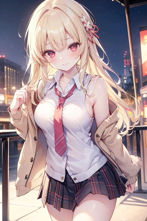 (best quality, masterpiece, ultra-detailed, perfect pixels), (UHD, RTX, 4k wallpaper, japanese anime, CG smooth, textured skin, realistic texture, natural light), 1girl, rio, seductive, busty, perfect body, bangs, long hair, blonde hair,red eyes,blushing face (close-up, pov, dynamic pose), sly smile, beautiful smile, nipslip, medium breasts, blush, (school uniform, jacket, necktie, cardigan, plaid skirt), outdoor, amusement park, leaning forward