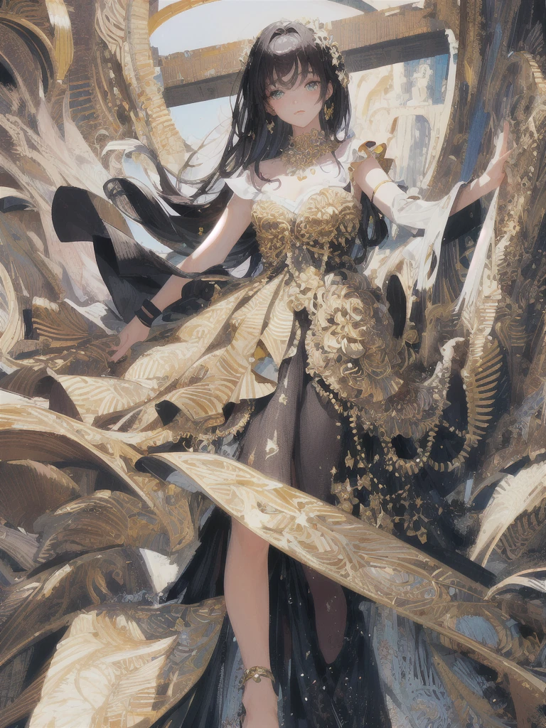 ((masterpiece, highest quality, Super detailed, High resolution)), alone, beautiful girl, shining eyes, perfect eyes, , black white gold theme,