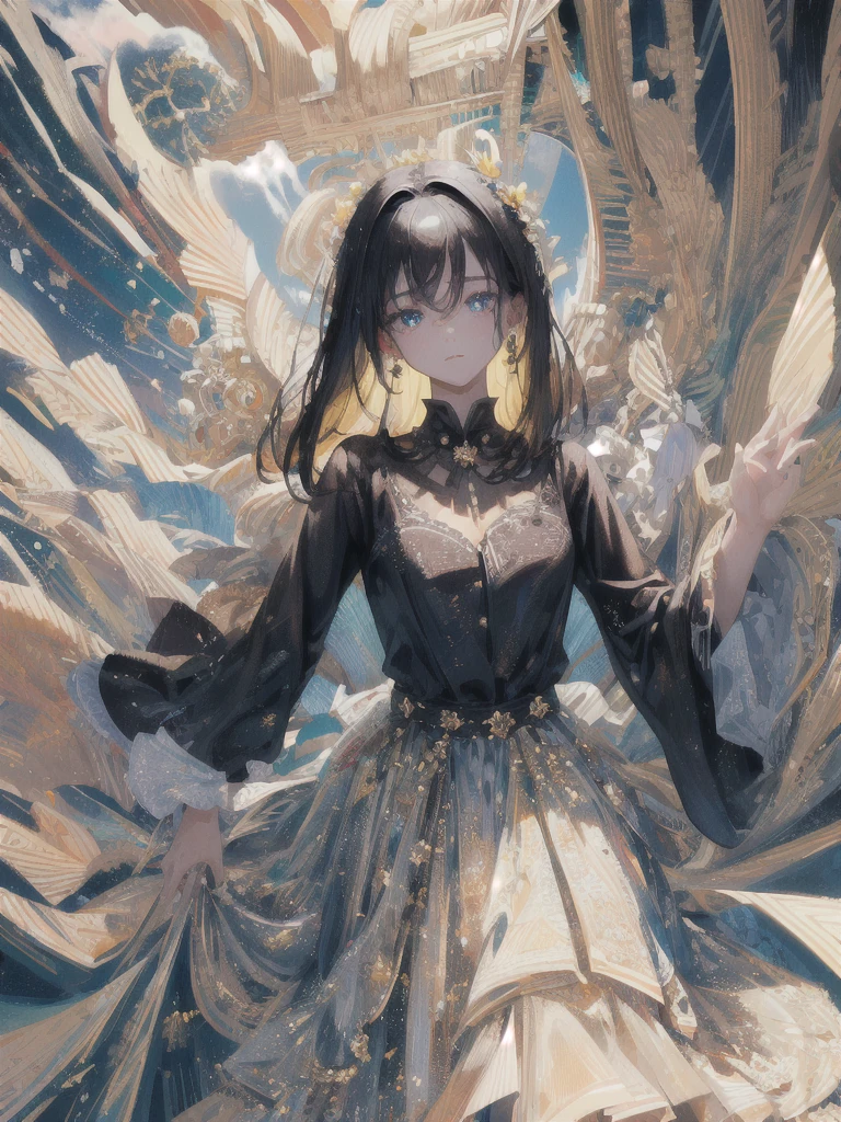 ((masterpiece, highest quality, Super detailed, High resolution)), alone, beautiful girl, shining eyes, perfect eyes, 15 years old, black white gold theme,