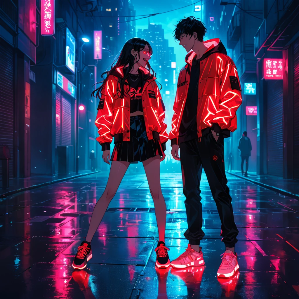 "An anime-style illustration of a man and a woman in darkness. The man is laughing, and both are dressed in street-style jackets and sneakers. Their outfits feature red fluorescent colors that make them visible in the dark. The woman's full body and the man's full body are clearly shown, with glowing red accents on their jackets and sneakers to highlight them against the dark, urban background."dark,
redeyes,
High resolution, masterpiece, accurate, bestquality, High detail, high quality, Very detailed, dark,longhair