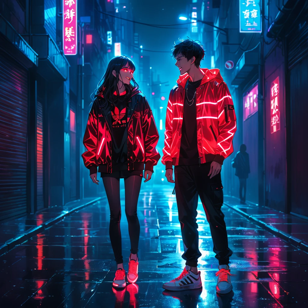 "An anime-style illustration of a man and a woman in darkness. The man is laughing, and both are dressed in street-style jackets and sneakers. Their outfits feature red fluorescent colors that make them visible in the dark. The woman's full body and the man's full body are clearly shown, with glowing red accents on their jackets and sneakers to highlight them against the dark, urban background."dark,
redeyes,
High resolution, masterpiece, accurate, bestquality, High detail, high quality, Very detailed, dark,longhair