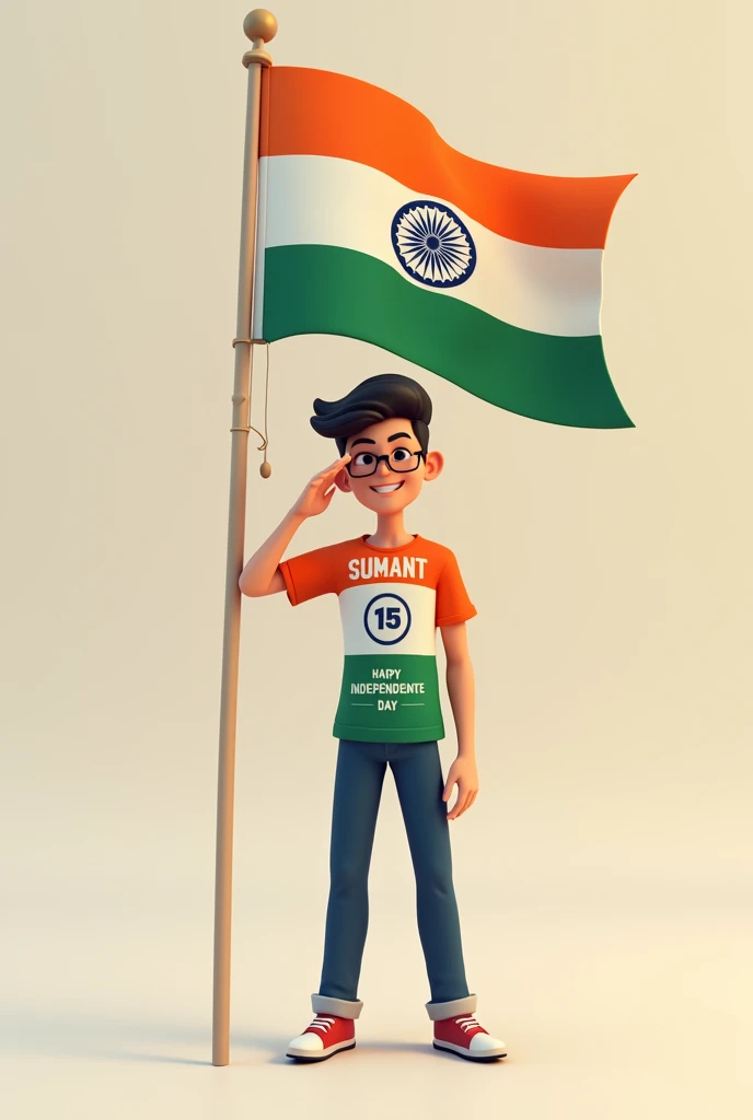 A young boy stands proudly under a clear blue sky, celebrating Independence Day on August 15th, 2024. He is wearing a vibrant tricolor T-shirt with his name "shourya hardware" printed on the back, along with a large image of the Ashoka Chakra. The sky above him features the words "Happy Independence Day 2024" in bold, festive letters. Indian flags are flying around him, and a sense of national pride fills the air as he salutes, symbolizing his love for the country.