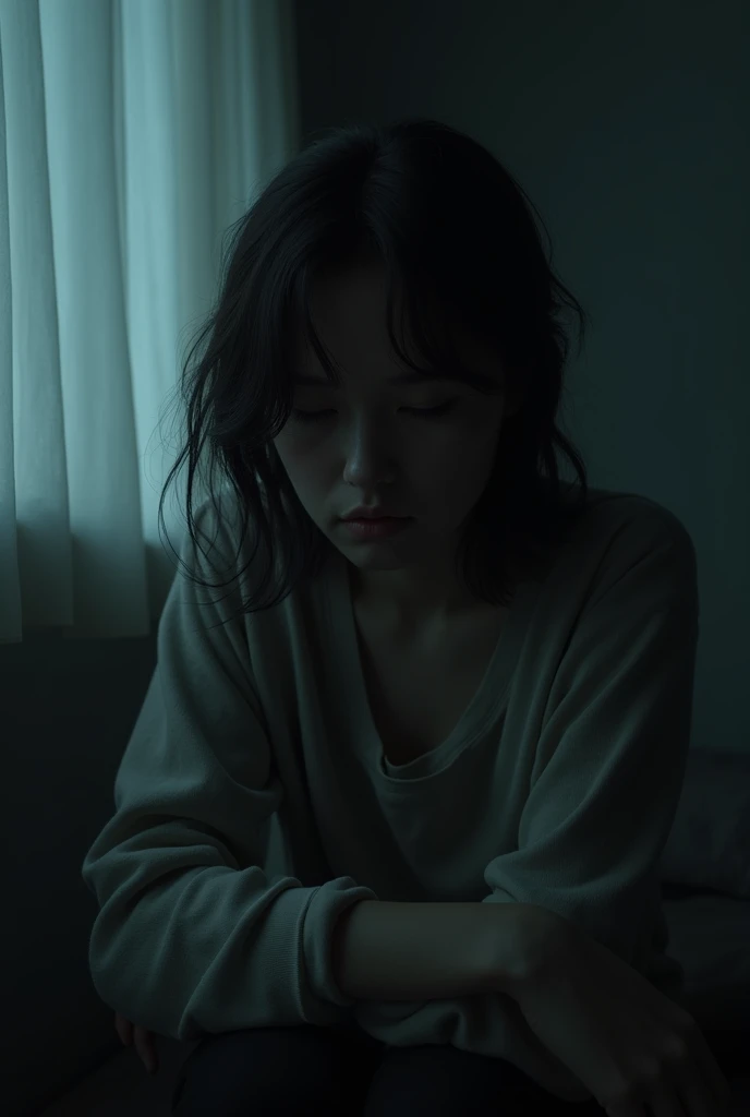 female, disappointed, in the room, at midnight, expressionless