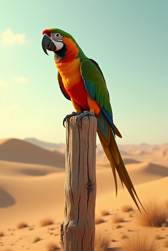 A parrot perched on a weathered wooden post in a desolate desert landscape.