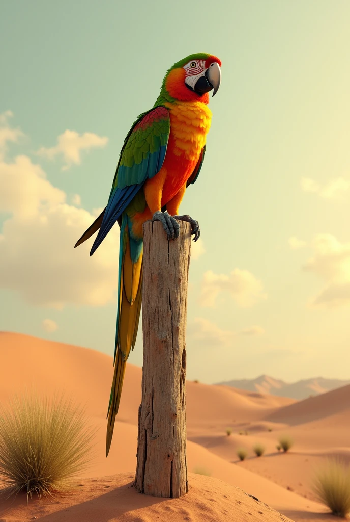 A parrot perched on a weathered wooden post in a desolate desert landscape.