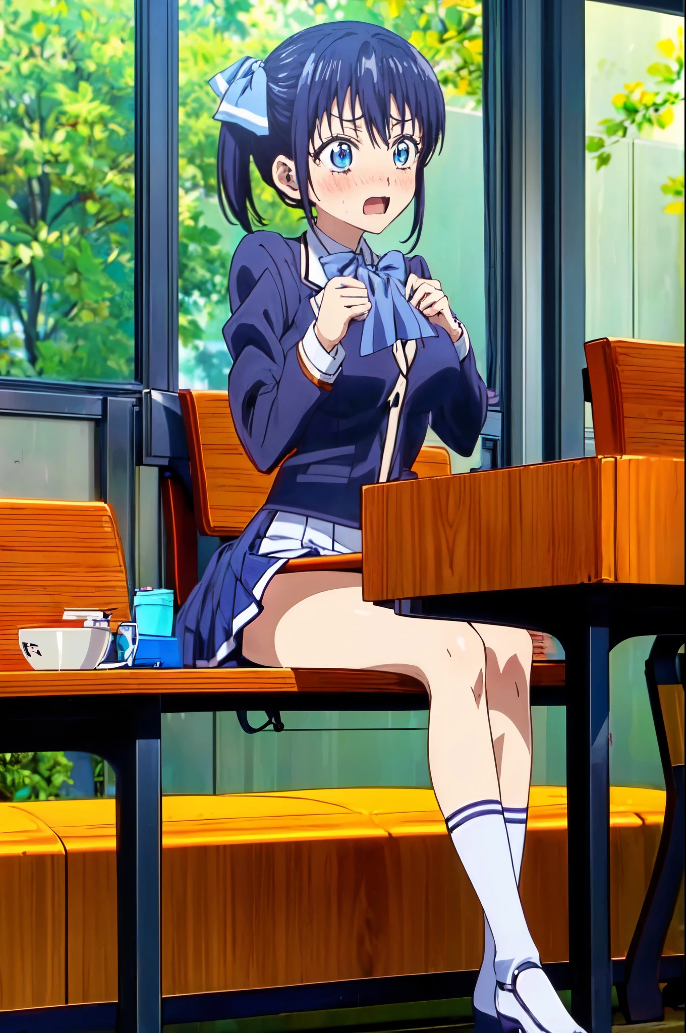 ((((masterpiece、Highest quality、High resolution)、anime)))、Navy Blue Hair、Big breasted beautiful、(Dynamic pose)、looking at the camera、(Beautiful detailed face、Beautiful big eyes)、((One beautiful person))、Good sensitivity、((Sexy pose))、((Embarrassed face))、Red cheeks、Open Mouth、Wearing a school uniform、Sitting at a desk in a classroom at school、Wear a blue skirt、White panties are visible、Spread your legs