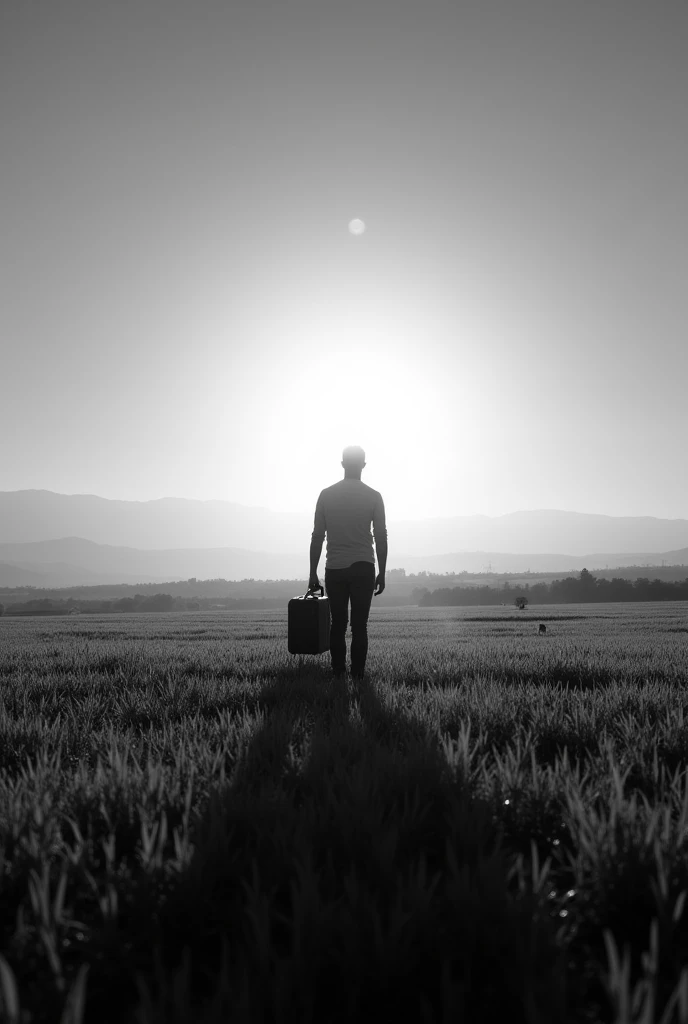 A vast field, with the sun setting far away in the center of the image. Only with its outline in the image, Against the light, there is a man standing holding a suitcase. everything is in black and white 