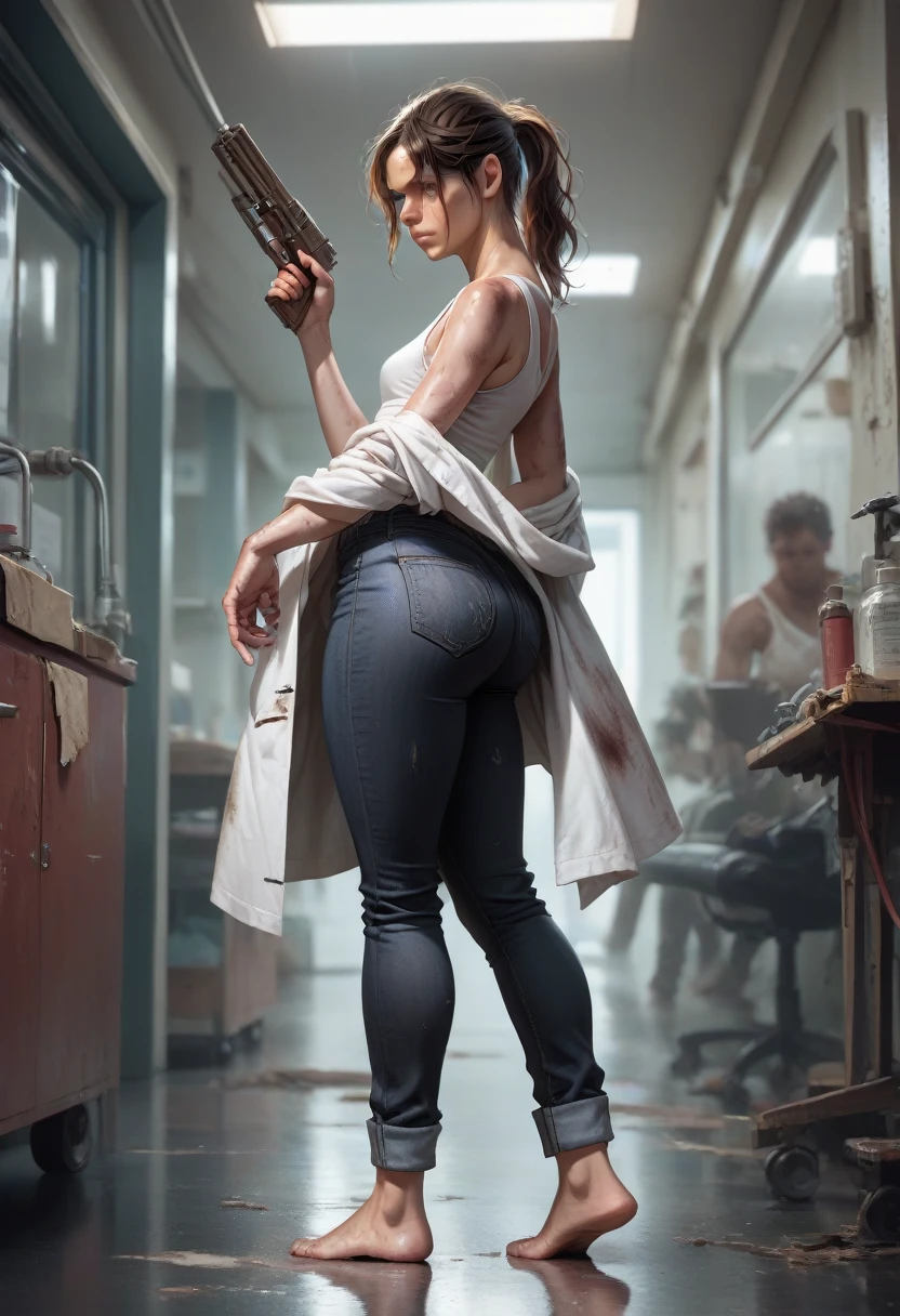 ((masterpiece)), 19 y.o., 1 girl, Claire Redfield, very small breast, detailing face, detailing body, big hips, small ass, brown hair, cute, detailing face, source_anime, large laboratory, white tank- top, oversized tank-top, black jeans, barefoot, dirty skin, wounds, bruises, fatigue, dirty hair, fatique on face, standing, medical coat, gun in hand, battle pose, side view, 