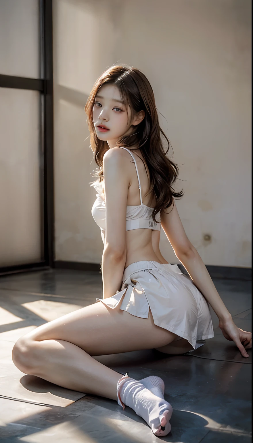 high quality, masterpiece, Very detailed, High resolution, 4K, 超High resolution, Detailed Shadows, Surreal, Dramatic lighting, 1 person, alone, Detailed face, Realistic eyes, Realistic skin, Dynamic Hair, Dynamic pose, Dynamic Angle, White floral sports bra, White Background, Uruchan-6500-v1.1, (RAW Photos:1.2), ( Realistic:1.4), Beautiful detailed girl, Very detailed eyes and face, Beautiful and beautiful eyes, that'Ridiculous, incredibly that'Ridiculous, Large file size, Very detailedな, High resolution, Very detailed, 最high quality,((Photograph the whole body:1.8)),(((Get all of your legs in the picture:1.8))),(Medium large breasts),
(Bright interior), (Soft Light), (Low contrast), (Shallow depth of field), (Portrait of beautiful woman illuminated by gentle light), (Very delicate and elegant depiction), (Short bangs), (Hair color、Dark chestnut with a slight brownish tint。), (Delicate and soft wavy hair), (Small intricate braids on the sides of long hair), (Decorated with thin ribbons), ( Wearing a thin, white, semi-transparent sports bra with small frills), (bow tie), (A light translucent mini skirt), (((No socks))),(((No tights))), shape, Very detailed, CG, Unified, 8k wallpaper, wonderful, The finer details, 最high quality, Very detailed CG Unified 8k wallpaper, Face Light, Cinema Lighting, 1 person, 18-year-old, (((No pants))), ((Dynamic pose))),Height 173cm, (Camel Toe), (half), (Sitting legs with bent knees)),(((Spread your legs))),((Sexy super long legs:1.4)),Beautiful feet,(((セクシーなSuper thin thighs:1.5))),(((((High skin exposure))))),(((Small Ass:1.4))),(((Tall))),Super beautiful girl,very cute,((((He looks just like WONYOUNG from the Korean idol group IVE.:1.8)))),((((The contours of the vagina are clearly and precisely reproduced)))),((Tight waist)),(Clitoris is reproduced in great detail),(Detailed reproduction of the crotch area),((Super slim and super muscular athletics athlete)),(((Clearly reproduces fully erect nipples:1.6))),(Reproduces the bumps and grooves of breasts in detail and clearly),((Super-muscular, well-trained abs:1.6)),Super thin waist,Ultra-slim body shape,股下が身長のhalf,(((Exposed leg skin))),Bold erotic pose,((((Beautifully reproduces the details of the pussy crack)))),((Anatomically correct:1.5)),((Small Ass:1.2)),(Long, slender legs)、(Thin and long hands),(Super thin thighs),(((((Erect nipples and areolae clearly detailed))))),(((Bare legs:1.3))),(Reproduces very beautiful leg skin),Fine skin texture reproduced in detail,Smooth, silky, beautiful skin,(Super thin legs),(Sexy super long legs),((((Nipples are clearly and beautifully reproduced in detail)))),((((Anatomically correct:1.6))))