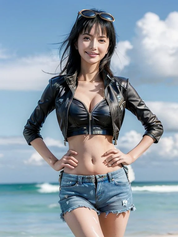 (((masterpiece))), Nico Robin, One person, alone, whole body, Long Hair, View your viewers, smile, blue eyes, Large Breasts, Black Hair, belly button, Holding, Cleavage, Mouth closed, Are standing, clavicle, Jacket, Short sleeve, Cowboy Shot, Outdoor, null, Day, abdomen, cloud, water, Stomach, blue null, Crop top, between legs, Hands on hips, Ocean, sunglasses, Wear glasses on your head, zipper, cropped Jacket, High collar, Unzip, salon, I slicked my hair back., partially Unzip, print salon,