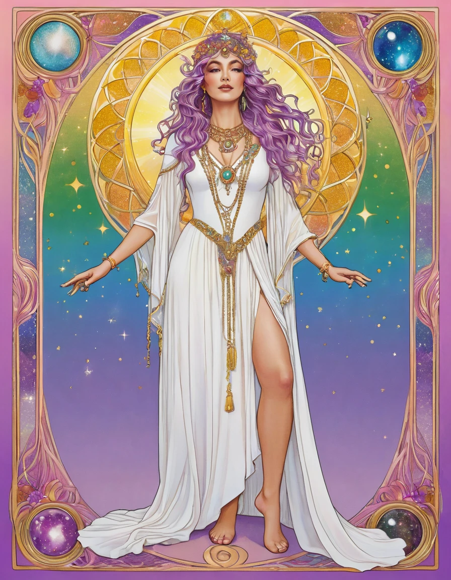 Create an Art Nouveau tarot card of a full-body woman with gold rings on all her fingers. She is showing off her magic rings. Each ring has a different colored stone. Each ring has a power. She is wearing a white dress. Make her full-body. Her hair has the seven colors of the rainbow and her eyes are pink. Her hair has the colors of the rainbow. She is standing barefoot., in the shallow pink background with lilac gradient and lots of golden sparkles, and place white borders on all four sides of the tarot card, do not cut the top border or the bottom border., do not place anything on top of the white border of the card , ( adjust the white border of the card so that the bottom and top parts appear on the left and right do not put anything on top of the white borders make her hands perfect )
