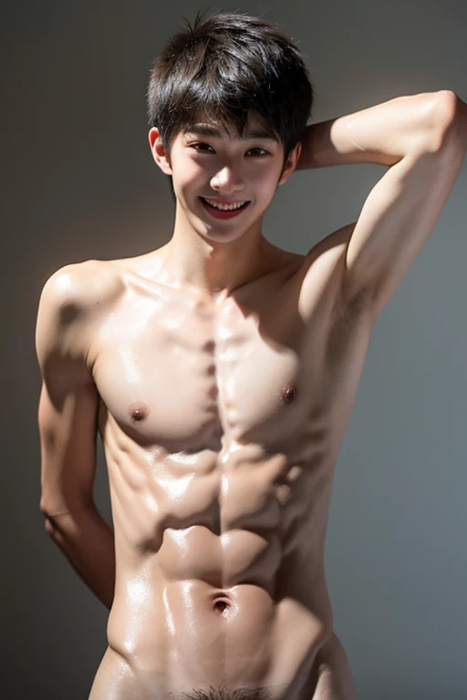 high resolution, realistic, A hyper-realistic, boy, Edgy Ulzzang boy, gorgeous boy face, smiling, showing dominance, skinny body, shirtless, male, fair skin, sweating wet, armpit,focus full body,naked.show his cock.