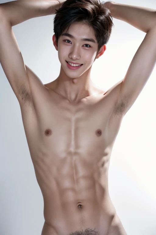 high resolution, realistic, A hyper-realistic, boy, Edgy Ulzzang boy, gorgeous boy face, smiling, showing dominance, skinny body, shirtless, male, fair skin, sweating wet, armpit,focus full body,naked.show his cock.