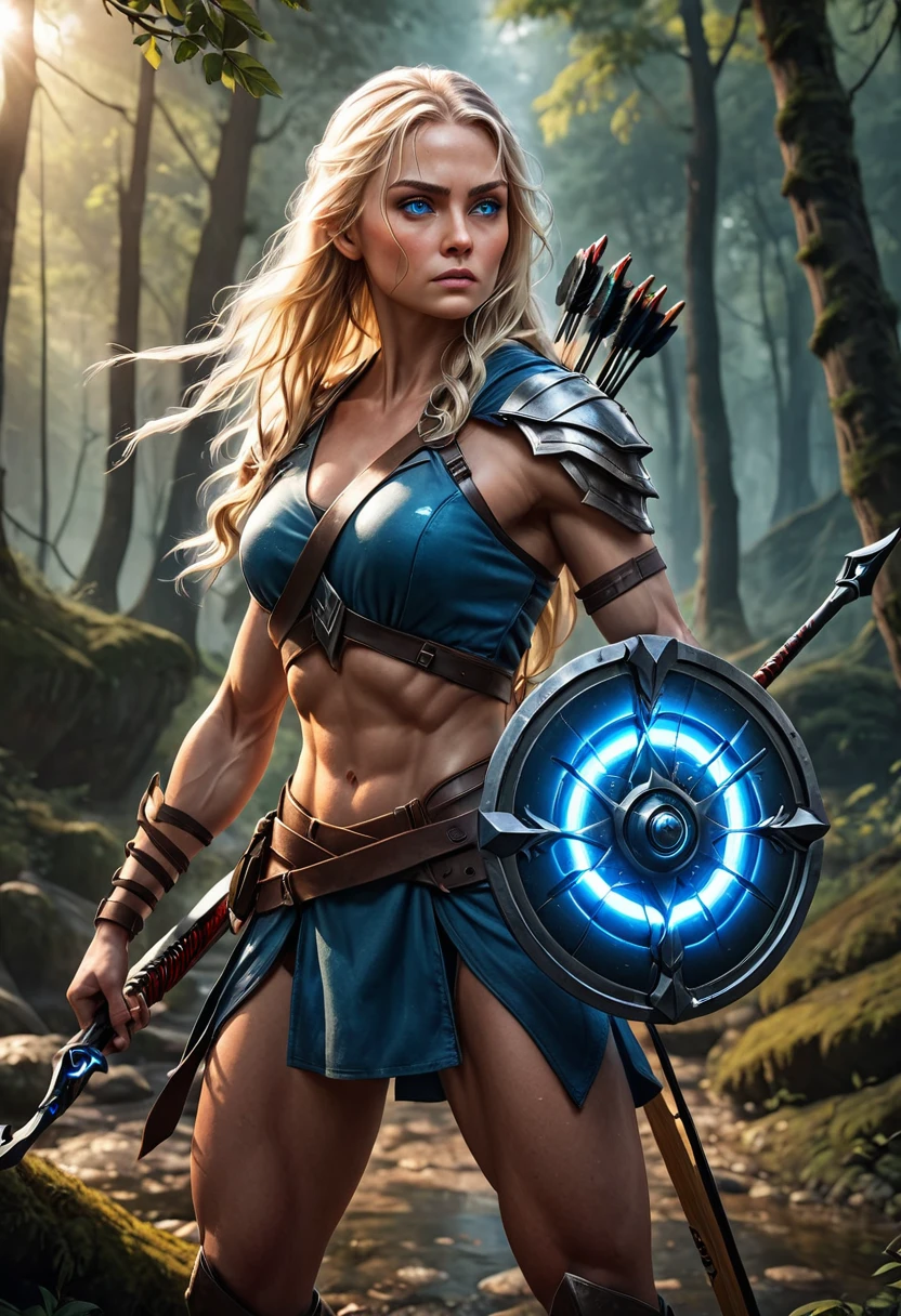 Blonde hair beautiful warrior woman, highly detailed arms and muscles, 1girl, hyper realistic, 8k, realistic, highly detailed, cinematic lighting, realistic skin texture, mesmerizing blue eyes, flowing hair, holding a huge crossbow, powerful pose, grim urban environment, dramatic colors, bright mood, forest nature blurry background,