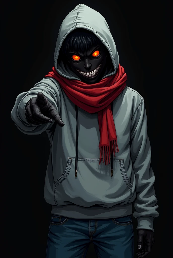 Anime pointing , black void man, with orange hollow eyes, red scarf, gray hoodie, blue jeans, sharp teeth smile