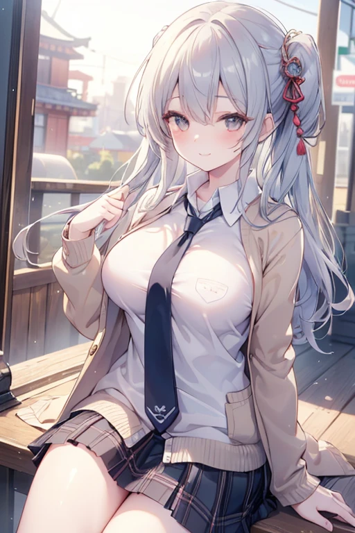 (best quality, masterpiece, ultra-detailed, perfect pixels), (UHD, RTX, 4k wallpaper, japanese anime, CG smooth, textured skin, realistic texture, natural light), 1girl, rio, seductive, busty, perfect body, bangs, long hair, gray hair,gold eyes,blushing face (close-up, pov, dynamic pose), sly smile, beautiful smile, nipslip, medium breasts, blush, (school uniform, jacket, necktie, cardigan, plaid skirt), outdoor, amusement park, leaning forward