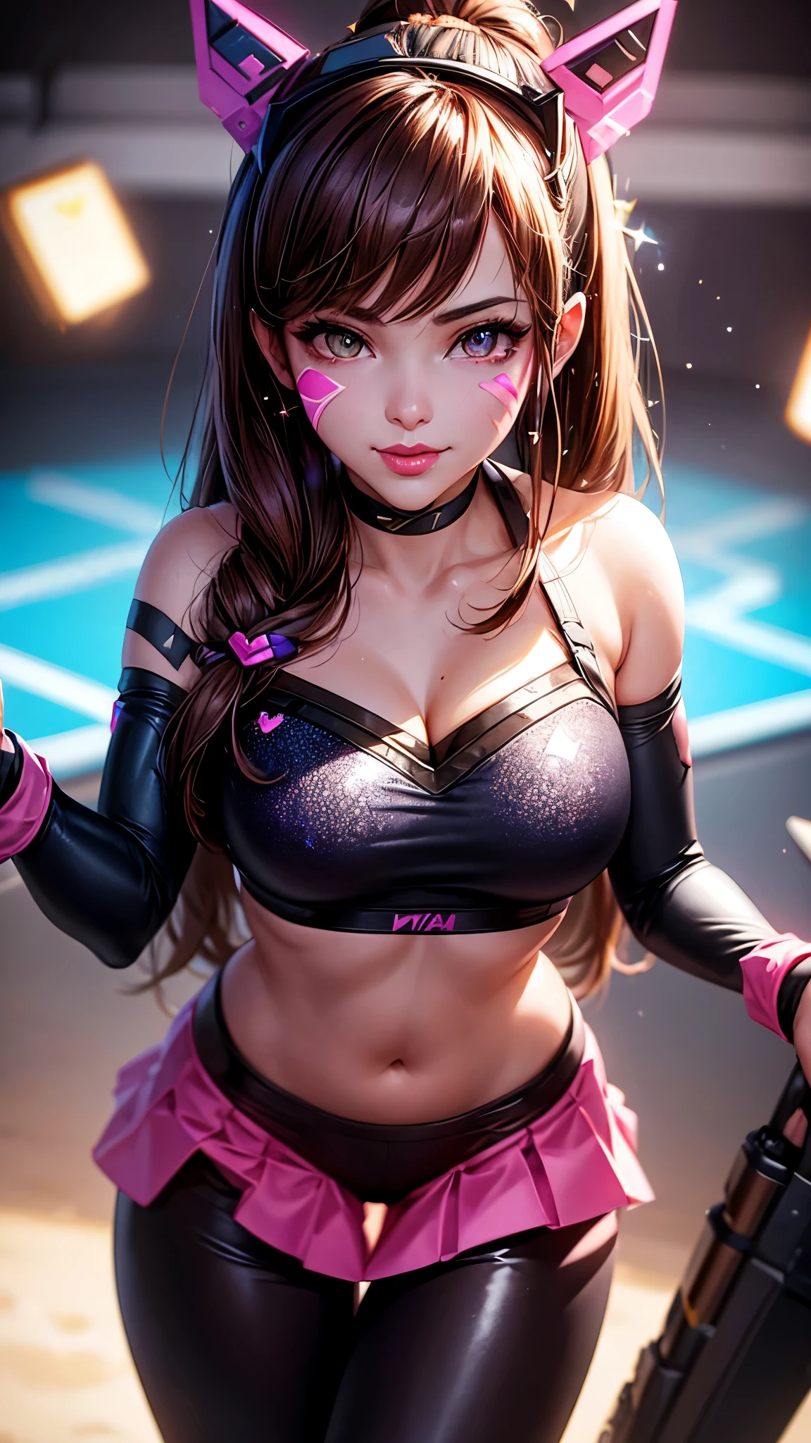 ((masterpiece)), Dva, Overwatch Dva, Dva headgear, Dva facepaint, brown hair, messy hair, heart-shaped pupils, amber eyes, seductive smile, cinematic lighting, sparkle, ray tracing, backlighting, drop shadow, pov, blurry foreground, from above, UHD, 4K, best quality, latex leggings, (((focus on lips))), ((face shot)), (((sparkly lips)))
