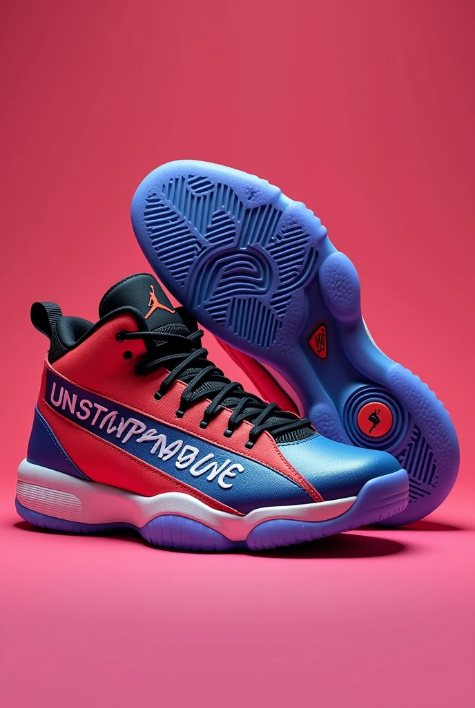 Design a pair of Air Jordan sneakers focused on the theme of empowerment and self-expression. The sneakers should be vibrant with a bold, confident design. They feature a large raised fist graphic symbolizing empowerment, prominently displayed on the side of the sneakers. The word 'Unstoppable' should be written in large, bold typography running diagonally across the design. The colors should be vibrant, such as bright red, purple, or electric blue, with accents that emphasize the powerful theme. The design should appeal to young millennials and Gen Z, combining a modern aesthetic with a strong message of empowerment.