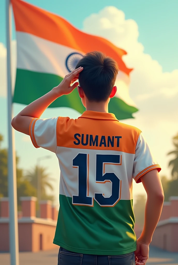 A 20 years old boy salutes the national flag of bharat and he is wearing a shirt print is like bharat flag and "SUMANT" and 15 number and independence day in small is written on it's back in big and bold fonts, 3d illustration