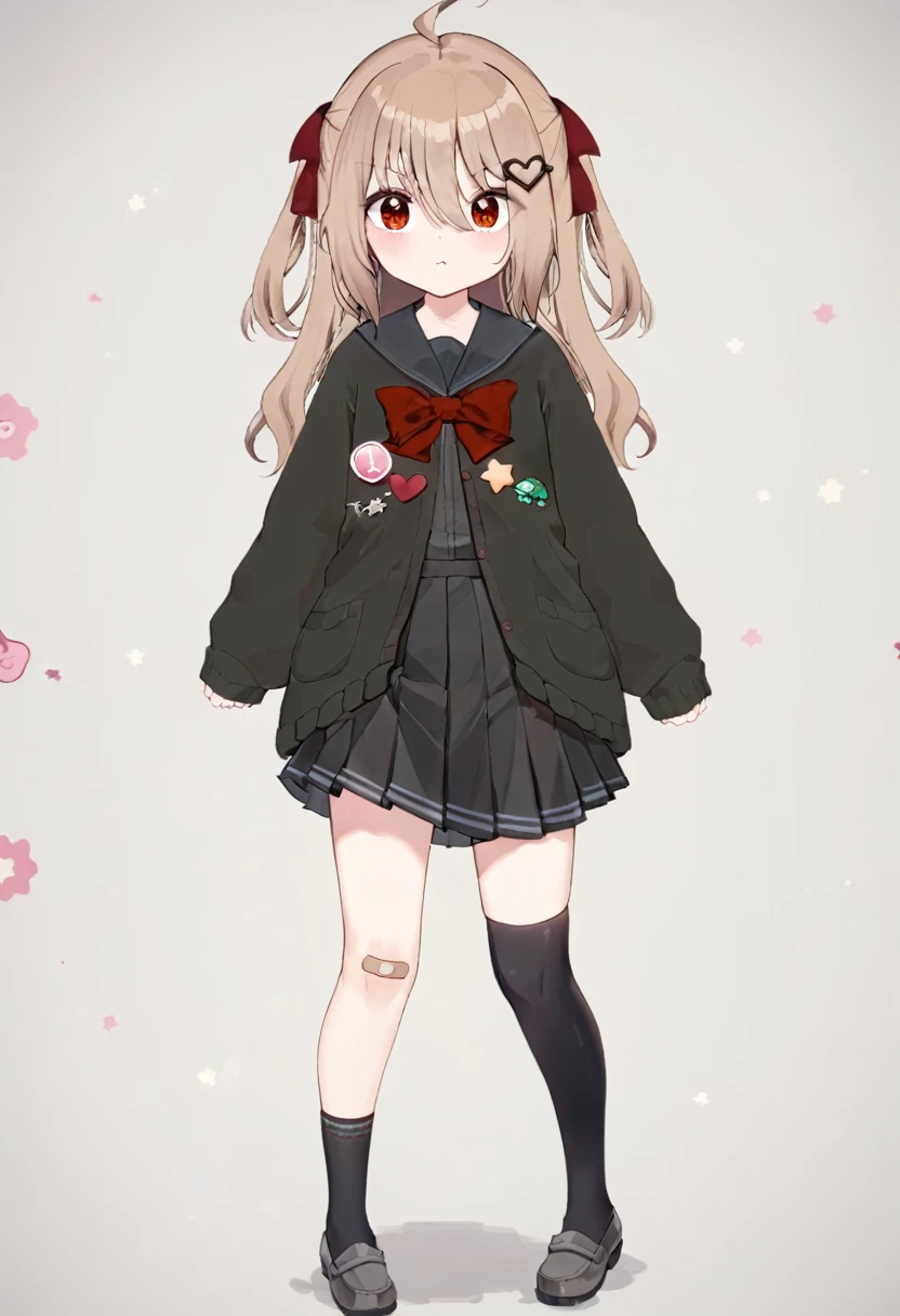 1girl, evil neuro-sama, red eyes, light browning hair, ahoge, two side up, hair ribbon, dark red ribbon, heart hair ornament, black cardigan, open cardigan, black sailor collar, long sleeves, red bow, heart, button badge, star \(symbol\), drone, the number "1" on a badge, turtle, black skirt, pleated skirt, asymmetrical legwear, black thighhighs, black kneehighs, bandaid on knee, grey footwear, loafers,(highres, masterpiece,best generation) (baby girl), (standing)(solo)(toddler girl)( white background)