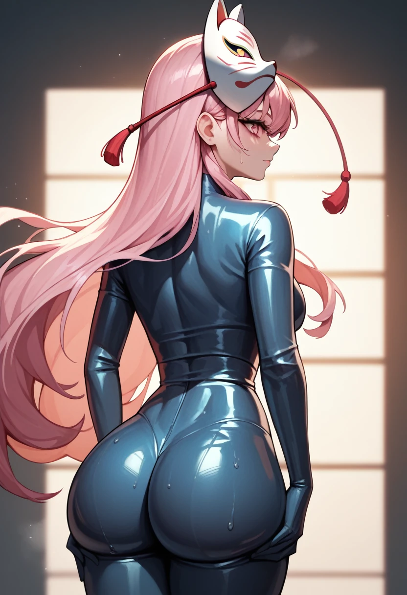 Highest quality, Highest quality, High quality illustrations, masterpiece, Ultra-high resolution, Detailed Background, room, Absurd, Perfect Anatomy, performance, Good lighting, Shadows in the movies(kemono, Furry PersonifiCation), Cat, Muscle Body, Pink Rubber Suit, latex, neon, neonライト, neonカラー, Bodysuits, Cyber Suit, cyber punk, Rubber mask, Harness, Earrings, Huge bulge, Squat, Dynamic Angle