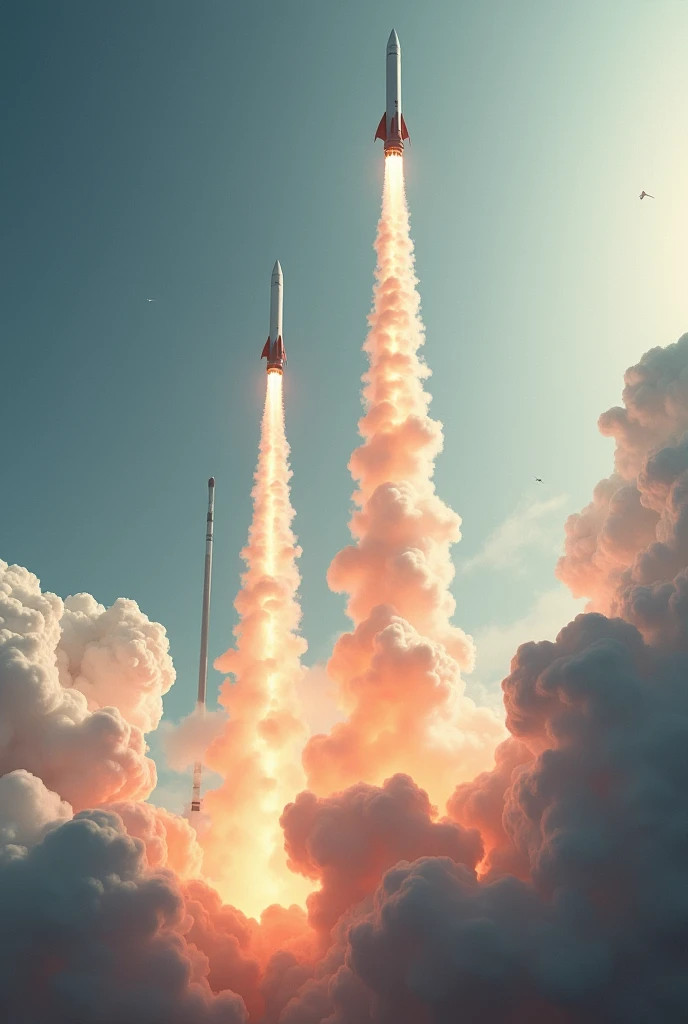 Rockets are going in the air and leaving smoke behind from below side looking hyper realistic imagine