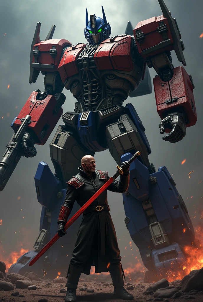 detailed illustration of Optimus Prime attacking Kirito, Kirito's face is hurt, cinematic dramatic lighting, dark moody colors, dynamic action pose, photorealistic 3d render, intricate mecha machinery, intense battle scene, striking contrast between Optimus Prime and Kirito, Kirito body Hurt, gritty realistic textures, compelling cinematic composition, moody and intense atmosphere, ultra-detailed and hyper-realistic