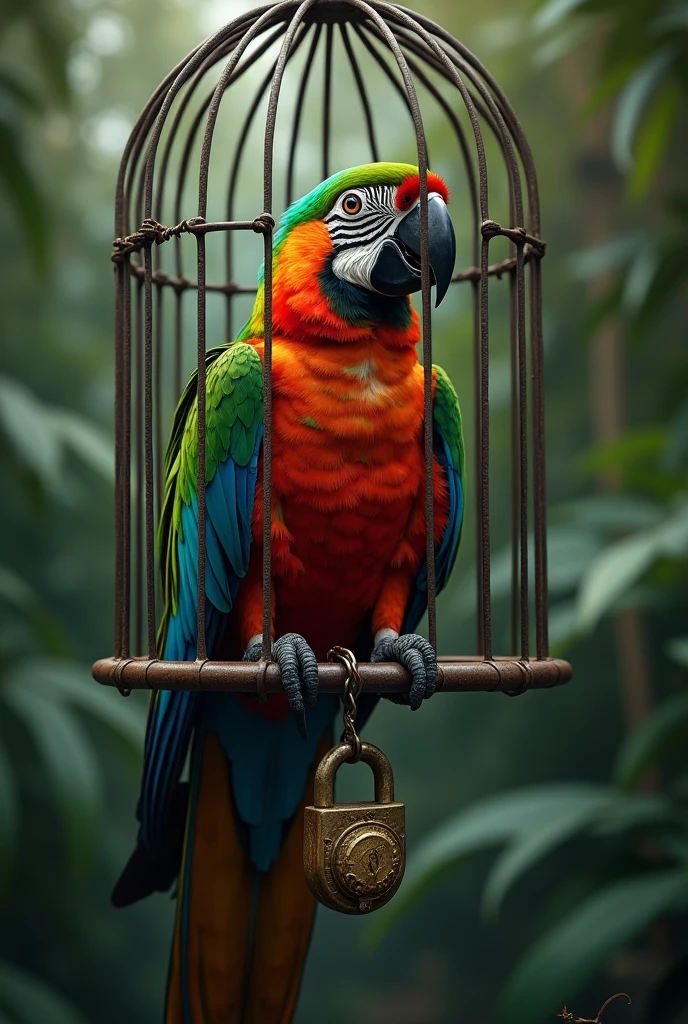 A parrot in a cage with a broken lock, symbolizing freedom vs. confinement.