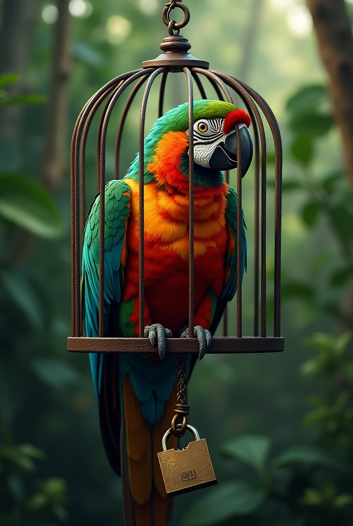 A parrot in a cage with a broken lock, symbolizing freedom vs. confinement.