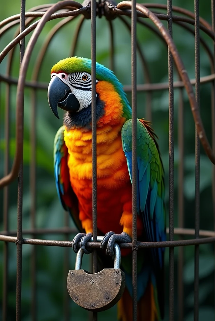 A parrot in a cage with a broken lock, symbolizing freedom vs. confinement.