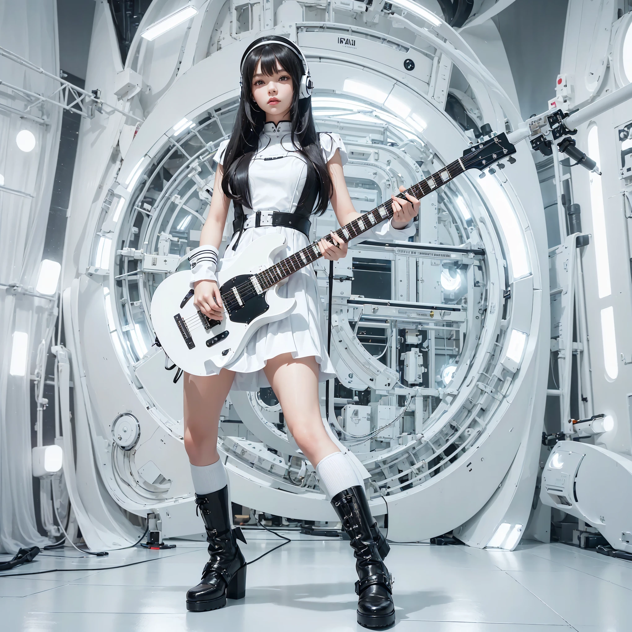 A young girl with long straight hair posing with an electric guitar on a white mechanical live stage　Beautiful female guitarist of the band　Advertisement photo taken by a stage photographer　old electric guitar　Sexy and futuristic Lolita miniskirt costume designed with white and black, carbon fiber and curves　full-body view　Standing in a white mechanical device　Mechanical headphones　White lighting　Inside the spacecraft
