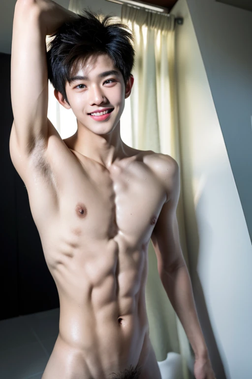 high resolution, realistic, A hyper-realistic, boy, Edgy Ulzzang boy, gorgeous boy face, smiling, showing dominance, skinny body, shirtless, male, fair skin, sweating wet, armpit,focus full body,naked.show his cock.