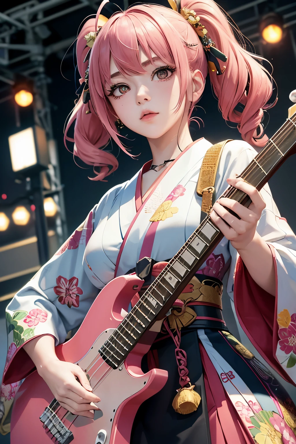 masterpiece, best quality, very detailed, high resolution, expensive resolution, high resolution, 4K, 8k, Unity 8k wallpaper, highly detailed CG, masterpiece, 2D, 3D, beautiful details, depth, fine texture, best quality: 1.3, perfect focus, crispy skin, he,
Very cute anime girl, girl playing baseguitar vocals in a band wearing a Japanese fancy floral haori hakama, on outdoor stage, full body, expensive pink twin tail hair, mole under eye, looking at the viewer, expensive, blush, mole, lips open, , heart choker, pink eyes, guitar vocals, stage,Full body of an anime girl with pink twin-tailed hair wearing a Japanese kimono and playing a bass guitar on stage at a cyberpunk festival