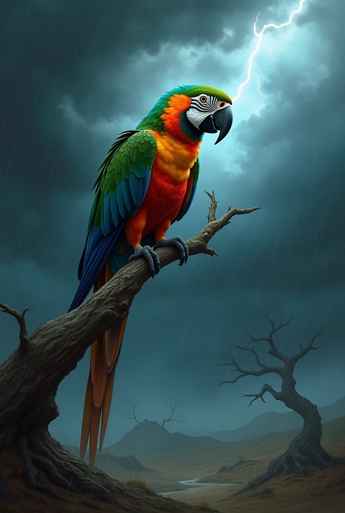 A parrot sitting alone on a barren tree branch during a stormy night.