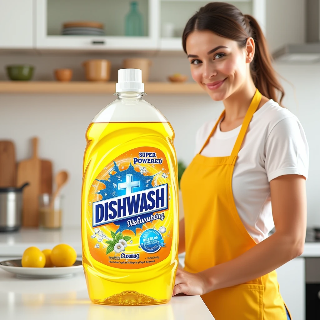 Super wash DISHWASH logo and yellow transparent clear liquid with DISHWASH background and kitchen with lady