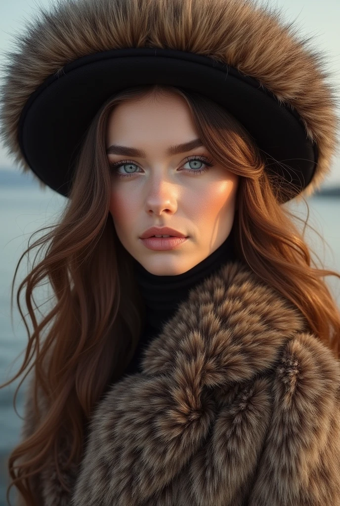 A female with brown hair and blue eyes wearing a fur coat and fur hat