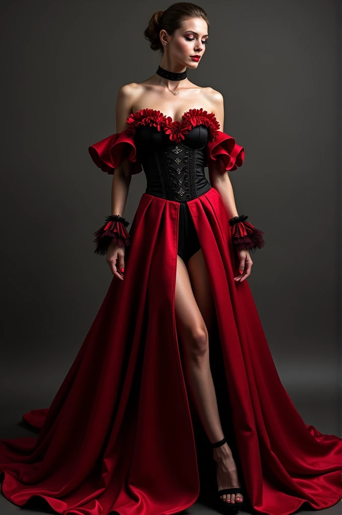 Vampire style dress in red and black colors, with volume in the skirt, slits on both sides in front of the skirt, off shoulder and sleeves reaching to the elbows with ruffles