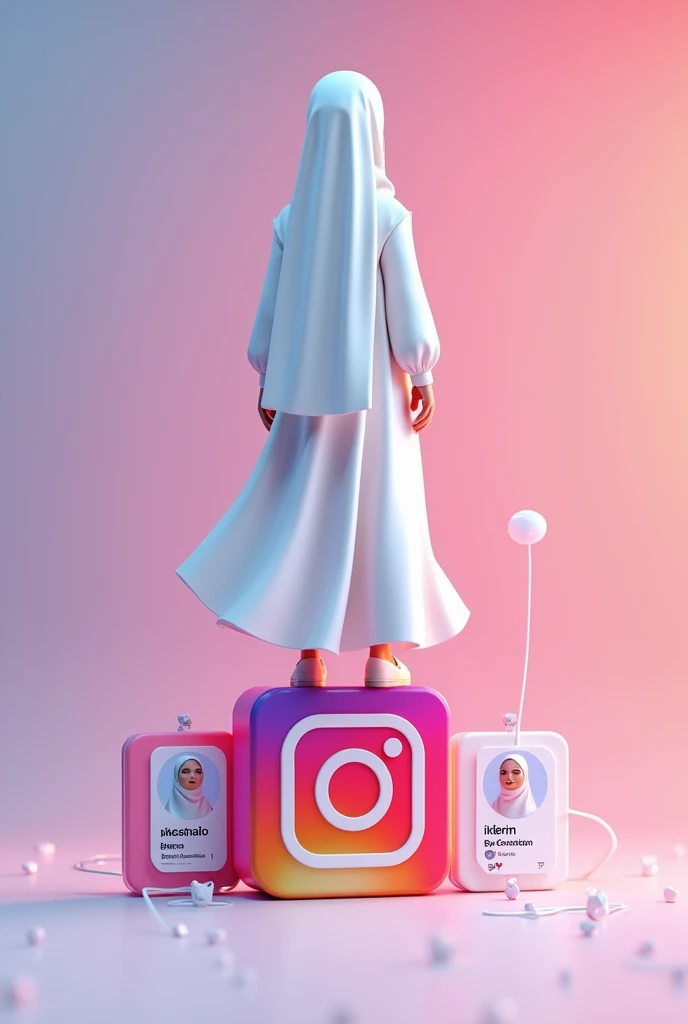 | | Create a 3D illustration of an animated character,standing on the side over the Instagram social network logo. The character is a Muslim woman in a white hijab, no face from the back. The background of the image is a social network profile page with the username &quot;aikerim&quot;.design»with a check mark and a profile picture without a face ,in hijab, corresponding to the animated character. There is also text displayed in the background., which states: