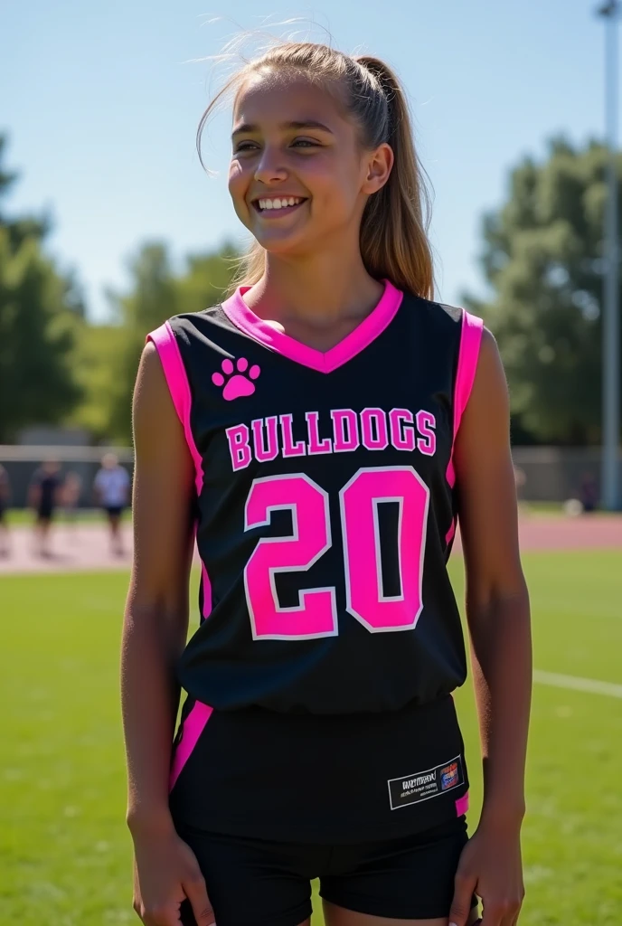 Black and pink flag football jersey, that says BULLDOGS and the number 20 on the front without sleeves that has dog paws