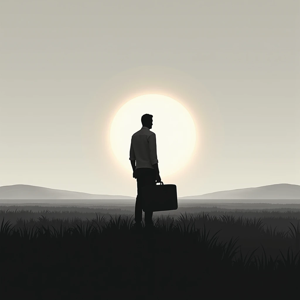 A vast field, with the sun setting far away in the center of the image. Only with its outline in the image, Against the light, there is a man standing holding a suitcase. everything is in black and white 