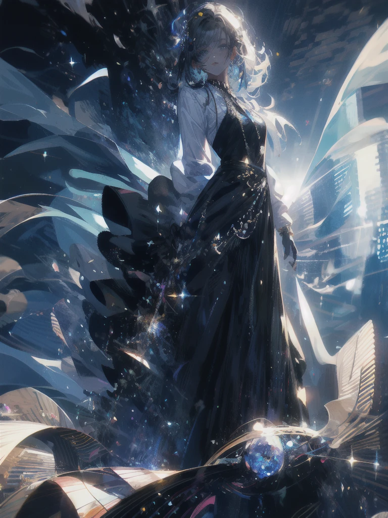 ((masterpiece, highest quality, Super detailed, High resolution)), alone, beautiful girl, shining eyes, perfect eyes, , black white gold theme,