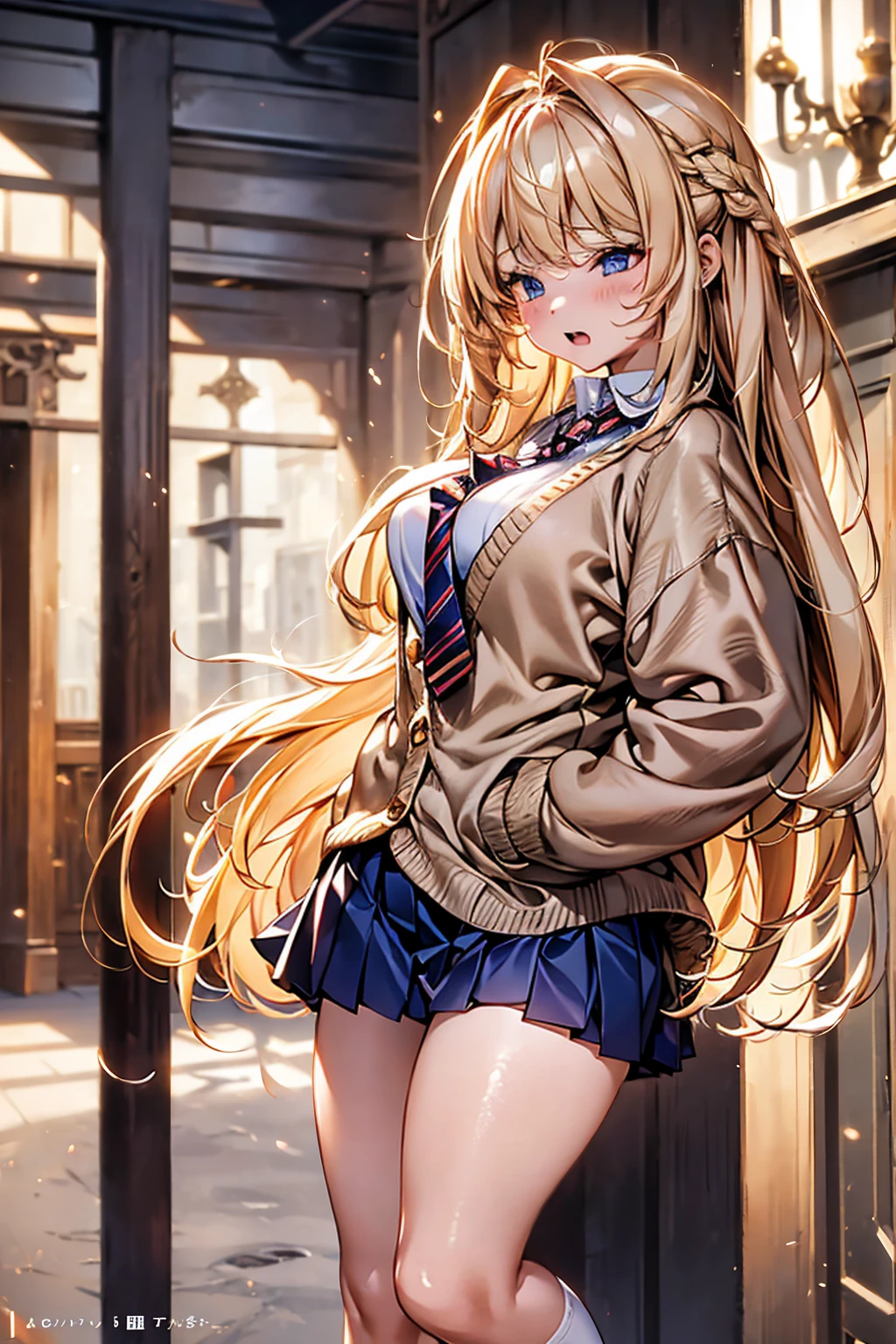 Browsing Caution,(Highest quality, 8k, masterpiece:1.3,beautiful girl), (Very detailed)Glowing Skin,(((Long Hair,blonde,Beautiful Hair))),(Perfect Anatomy, Anatomically correct, Very detailed肌),((Golden Eyes)),((Perfect Fingers,Five Fingers)),((Light blue collared shirt, Navy pleated mini skirt, socks, Navy tie, Light brown cardigan, White knee socks)),Pink Panties, Knee-high socks,Knee-high socks on both feet,Double teeth,Big Breasts,Big Ass,Get angry、とてもGet angry、Single family home、In front of the entrance、((顔を赤くしてGet angry,Puff out your cheeks)),Place your hands on your hips,