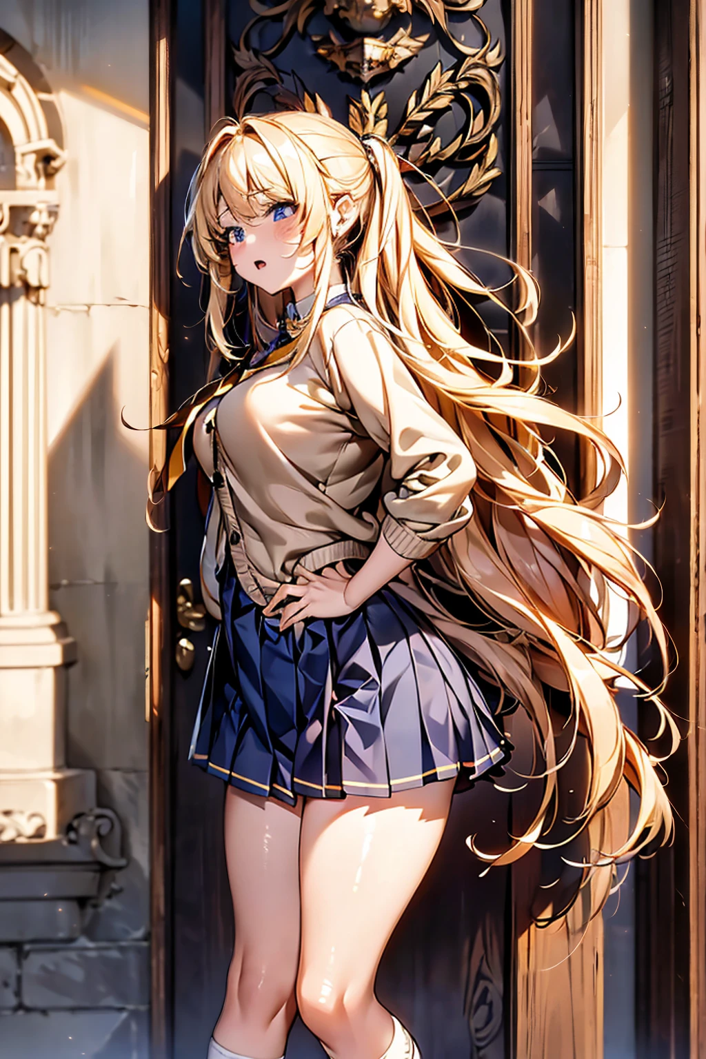 Browsing Caution,​(Highest quality, 8k, masterpiece:1.3,beautiful girl), (Very detailed)Glowing Skin,(((Long Hair,blonde,Beautiful Hair))),(Perfect Anatomy, Anatomically correct, Very detailed肌),((Golden Eyes)),((Perfect Fingers,Five Fingers)),((Light blue collared shirt, Navy pleated mini skirt, socks, Navy tie, Light brown cardigan, White knee socks)),Pink Panties,  Knee-high socks,Knee-high socks on both feet,Double teeth,Big Breasts,Big Ass,Get angry、とてもGet angry、Single family home、In front of the entrance、((顔を赤くしてGet angry,Puff out your cheeks)),Place your hands on your hips,